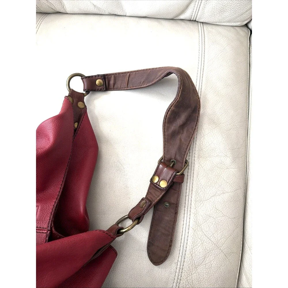 Vintage Lucky Brand Hobo Leather Bag Red Buckle Slouchy Boho Y2K